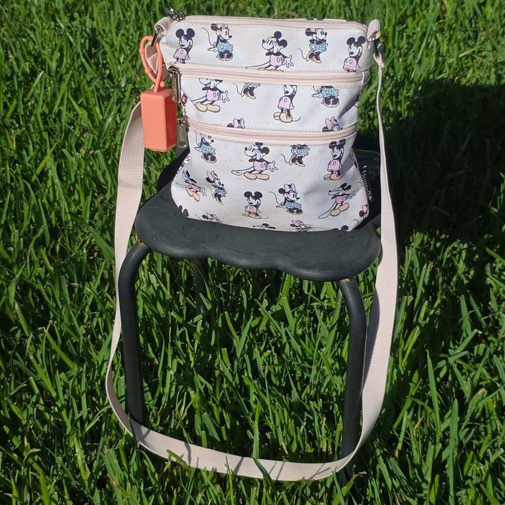 Disney Loungefly Mickey Minnie Mouse Crossbody Bag Pink Canvas 3-Zip Travel